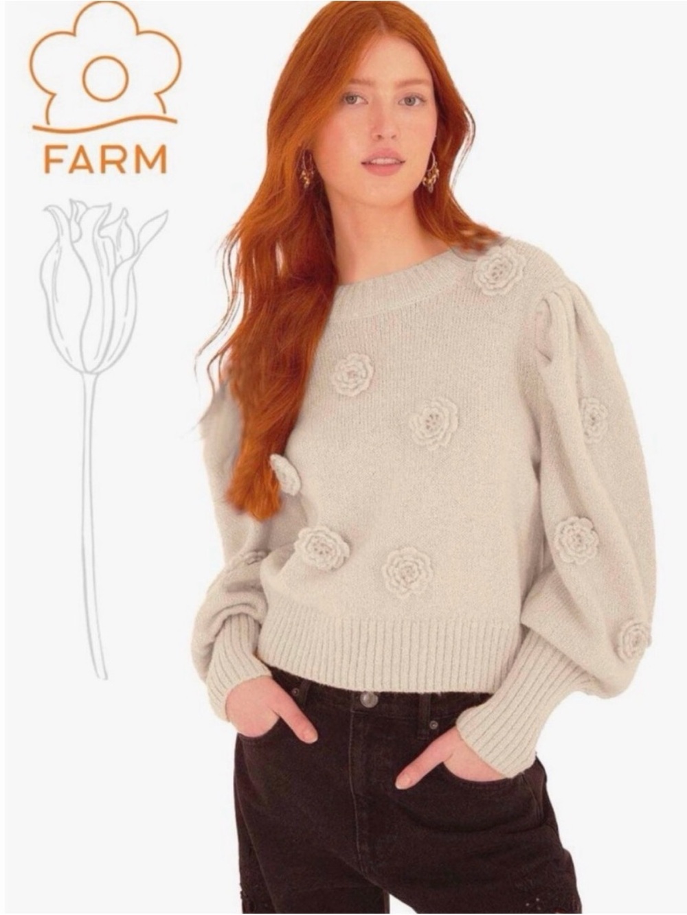 FARM RIO 3D Crochet Flower Crewneck Sweater